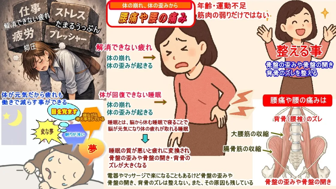 腰が痛くなるのは大腰筋、腸骨筋の収縮と骨盤の歪みや骨盤の開き、背骨のズレ