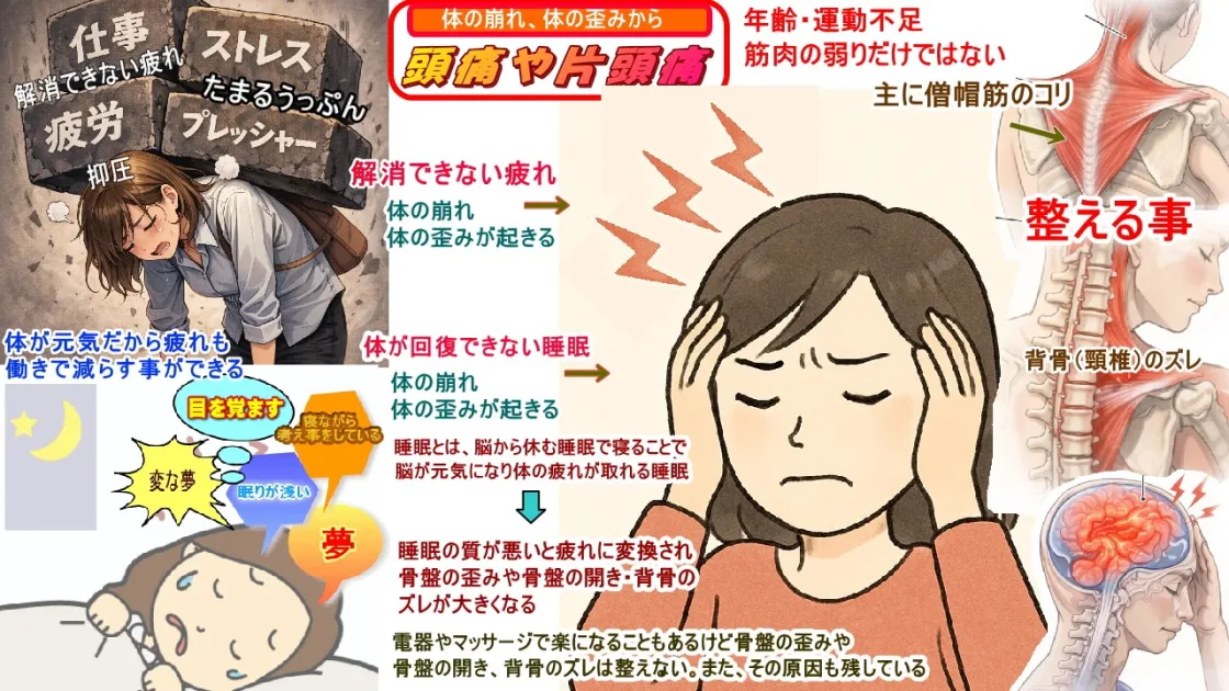 頭が痛くなるのは睡眠の問題と体の崩れ、体の歪み