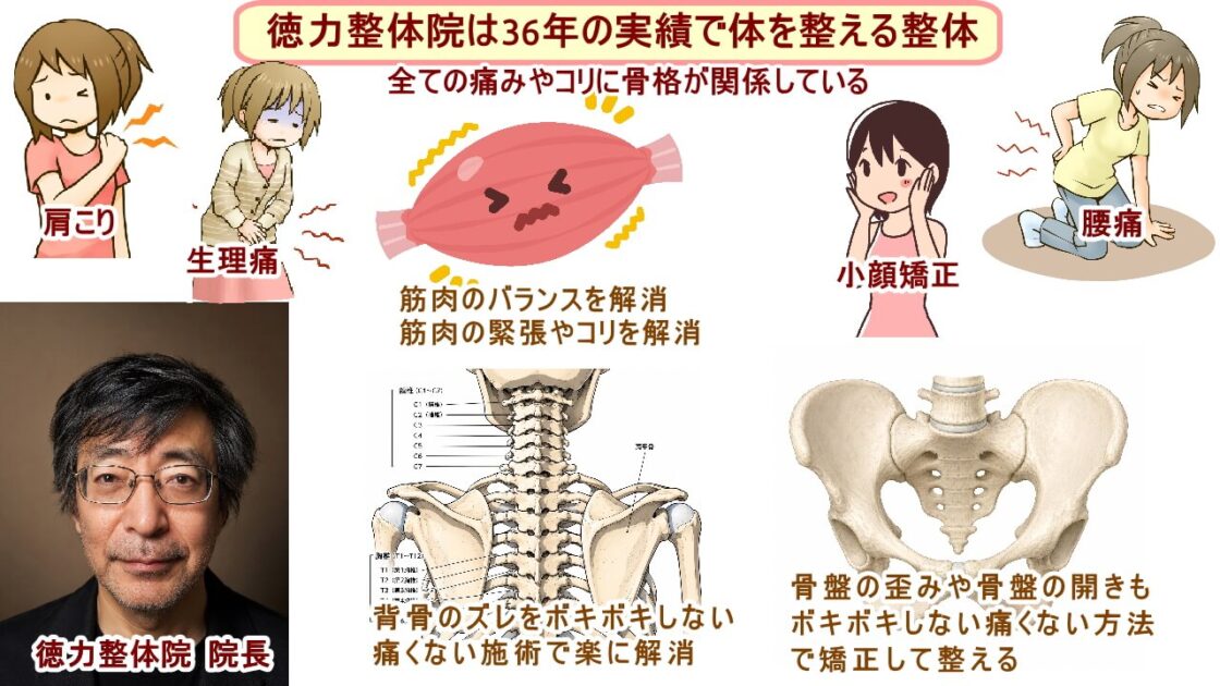 (北九州・小倉の徳力整体院は36年の実績。)肩こり、腰痛、頭痛、生理痛、便秘、膝の痛み、首のコリを、小顔矯正・骨盤矯正