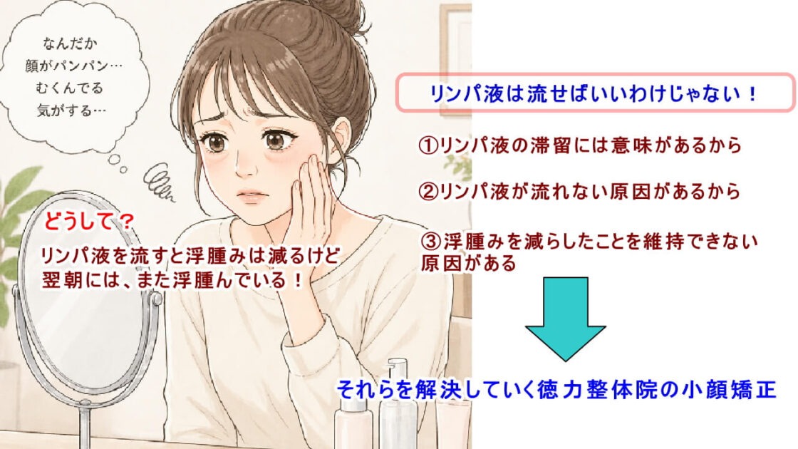 リンパ液の滞留、顔の浮腫みを小顔矯正で(北九州市小倉南区と小倉北区)徳力整体院は36年の実績。