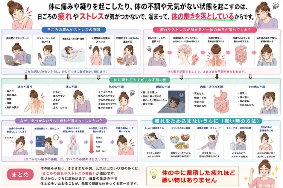 痛みやコリや、体の不調は体の歪み、崩れから北九州市・小倉の徳力整体院