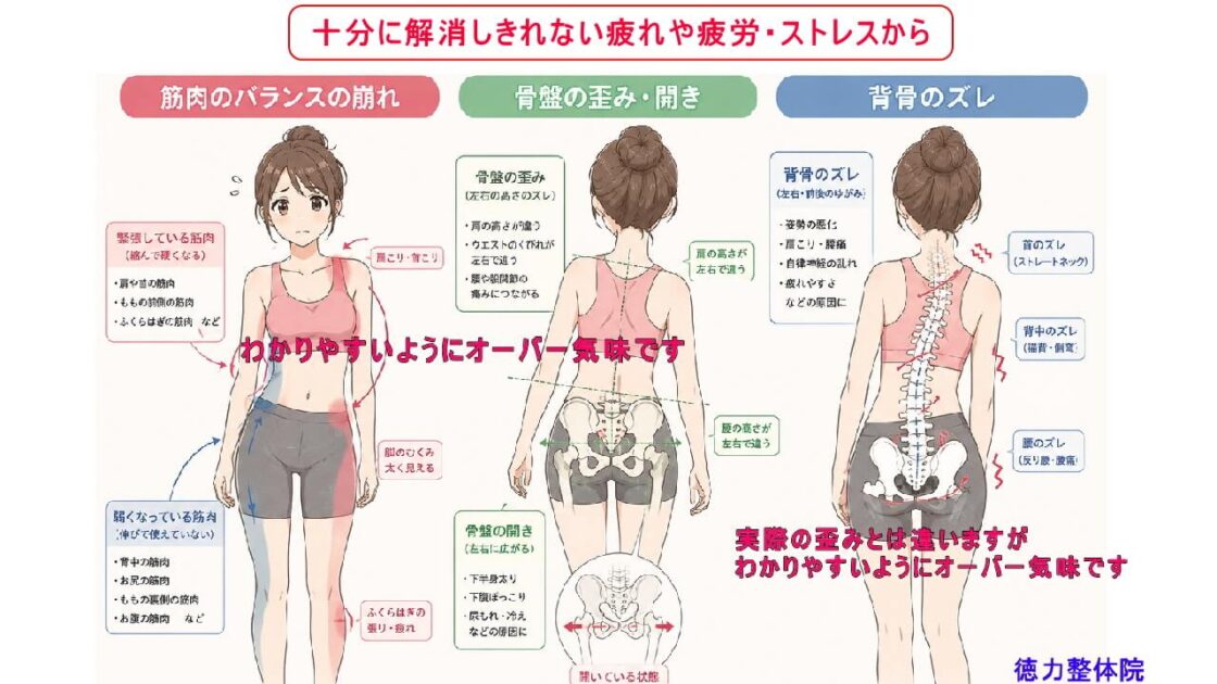 生活、仕事、運動するときに生み出される疲れが十分に解消しないと北九州市・小倉の徳力整体院