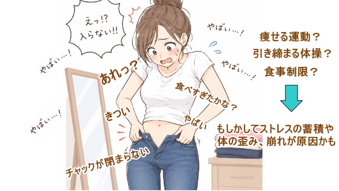 骨盤が太る、骨盤が太り大きくなりスカートやパンツがキツク、入らなくなるのは体の歪み、崩れから、北九州市・小倉の徳力整体院