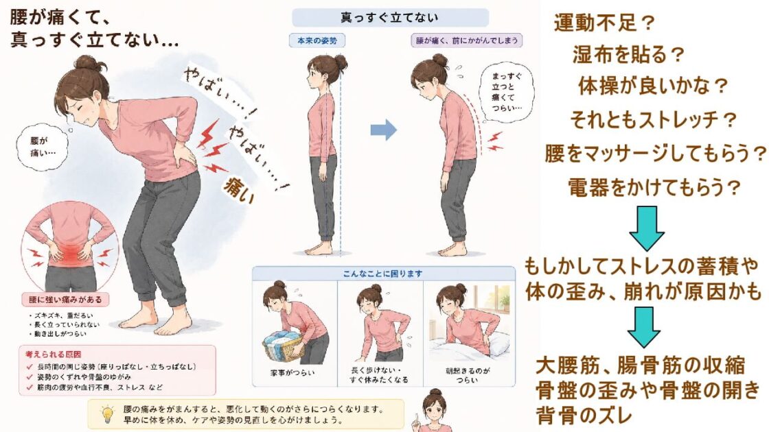 腰痛や腰が痛いが起きるのは生活でため込む解消しきれないものが原因で体の歪み、崩れから。北九州市・小倉の徳力整体院