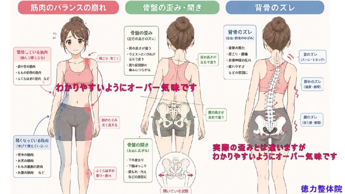 日ごろの生活で疲れや疲労、ストレスがたまり体の歪み、崩れになり痛みやコリが起きる。北九州市・小倉の徳力整体院