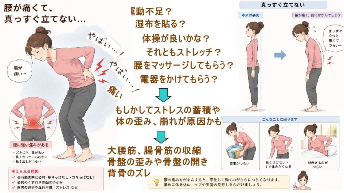 腰痛や腰が痛い起きるのは日ごろの疲れの蓄積で体の歪み、崩れが起きているから北九州市・小倉の徳力整体院